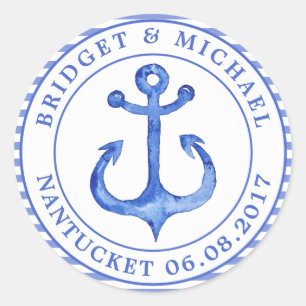 Nautical Anchor - Navy Blue Striped Personalized Classic Round Sticker