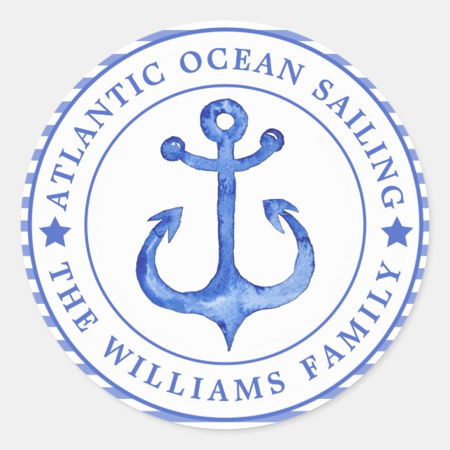 Nautical Anchor Navy Blue Striped Personalized Classic Round Sticker (Front)