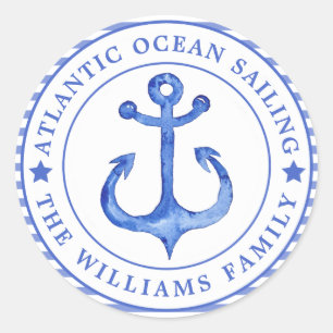 Nautical Anchor Navy Blue Striped Personalized Classic Round Sticker