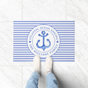 Nautical Anchor Navy Blue Striped Personalized Doormat