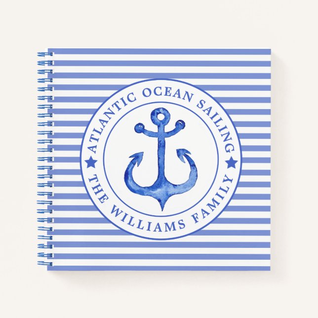 Nautical Anchor Navy Blue Striped Personalized Notebook (Front)