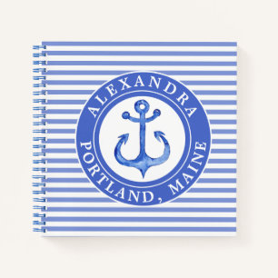 Nautical Anchor Navy Blue Striped Personalized Notebook
