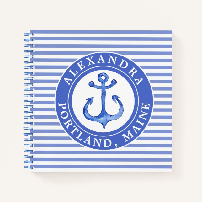 Nautical Anchor Navy Blue Striped Personalized Notebook (Front)