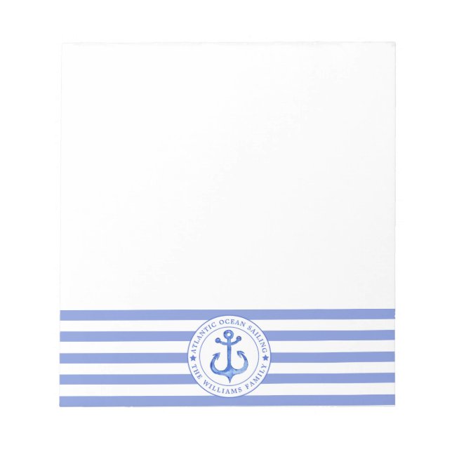 Nautical Anchor Navy Blue Striped Personalized Notepad (Front)