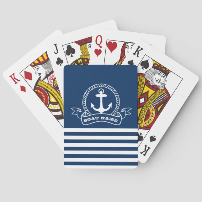 Nautical Anchor Navy Blue Striped  Playing Cards (Back)
