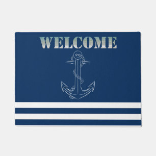 Nautical Anchor Navy Blue Striped Sailor Doormat