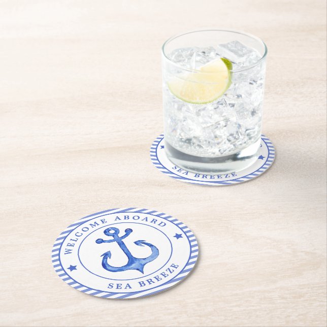 Nautical Anchor & Navy Blue Striped w. Boat Name Round Paper Coaster (Insitu)