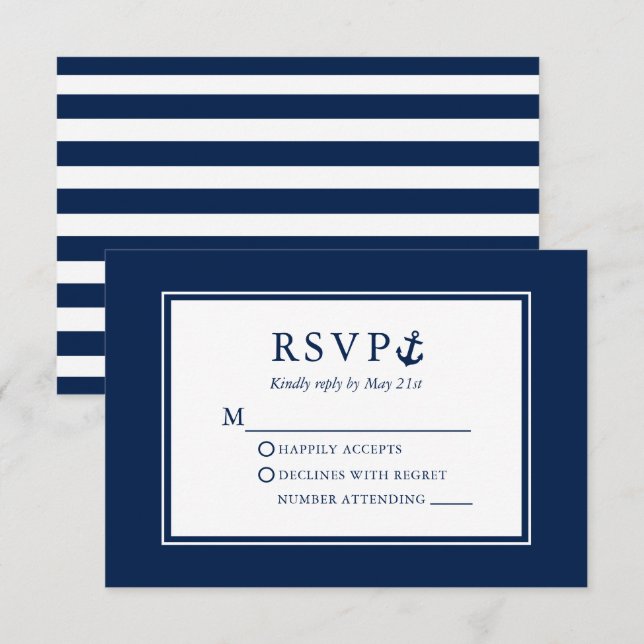 Nautical Anchor Navy Blue Striped Wedding RSVP Card (Front/Back)