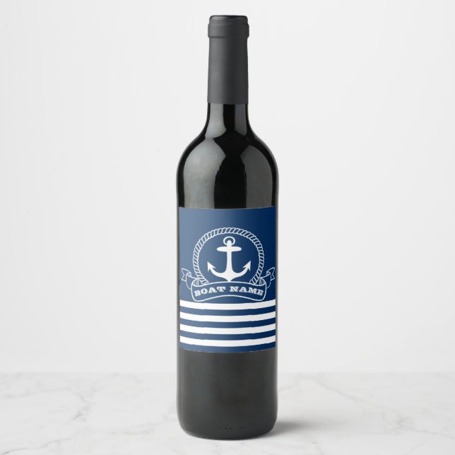 Nautical Anchor Navy Blue Striped  Wine Label (Front)