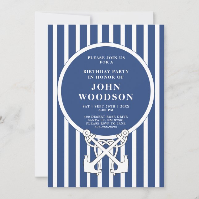 Nautical Anchor Navy Blue Stripes Birthday Invitation (Front)