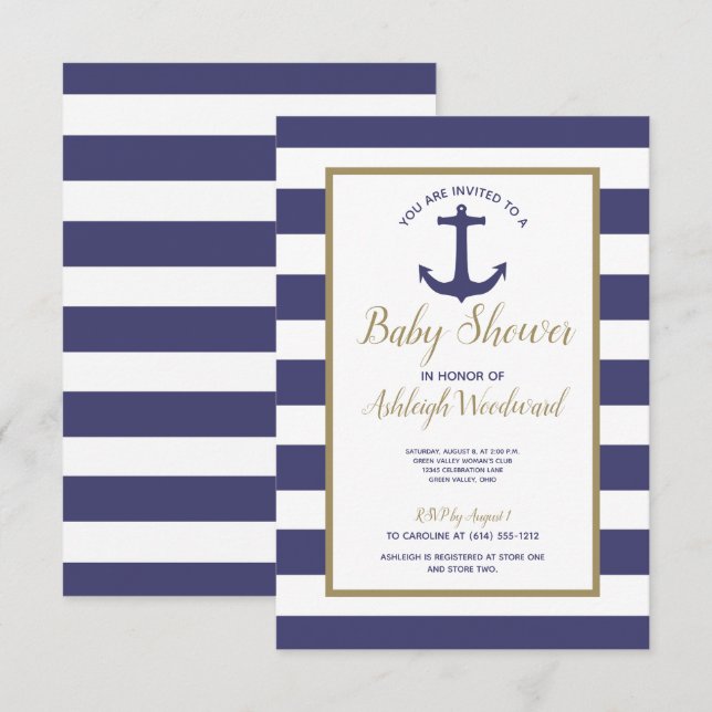 Nautical Anchor Navy Blue Stripes Boy Baby Shower Invitation (Front/Back)