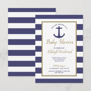 Nautical Anchor Navy Blue Stripes Boy Baby Shower Invitation