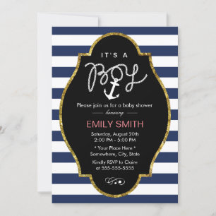 Nautical Anchor Navy Blue Stripes Boy Baby Shower Invitation