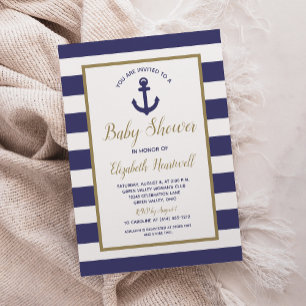 Nautical Anchor Navy Blue Stripes Boy Baby Shower Invitation