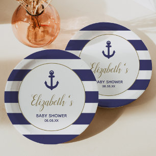 Nautical Anchor Navy Blue Stripes Boy Baby Shower Paper Plate