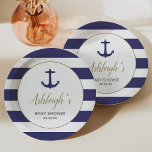 Nautical Anchor Navy Blue Stripes Boy Baby Shower Paper Plate<br><div class="desc">This boy's baby shower paper plate features a navy blue anchor in a faux gold-bordered circle on a background of navy blue and white stripes. Inside the circle, the name of the mom-to-be appears in faux gold cursive script typography. The words "Baby Shower" and the date appear below in grey...</div>
