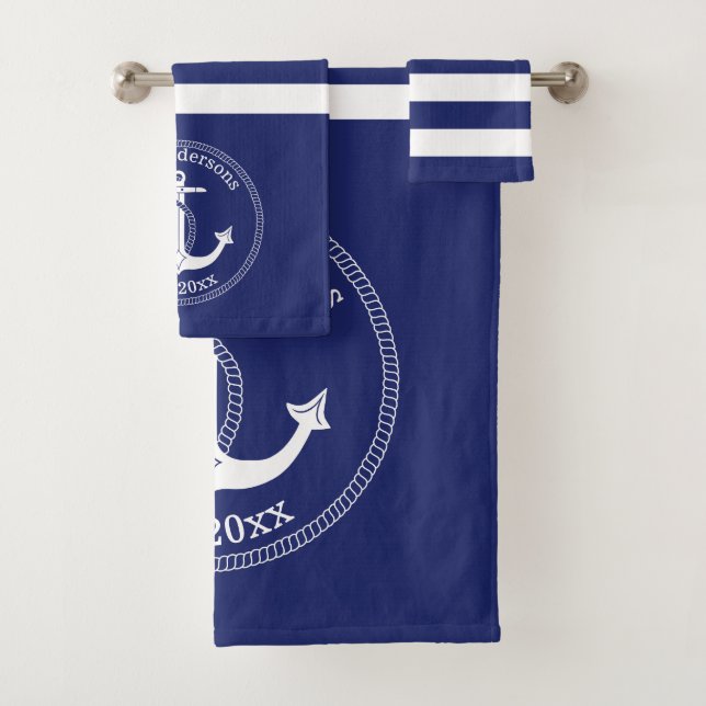 Nautical Anchor Navy Blue Stripes Family Monogram Bath Towel Set (Insitu)