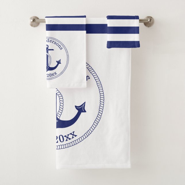 Nautical Anchor Navy Blue Stripes Family Monogram Bath Towel Set (Insitu)