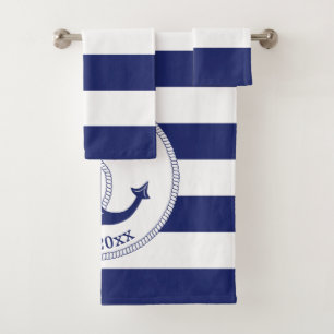 Nautical Anchor Navy Blue Stripes Family Monogram Bath Towel Set