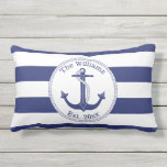 Nautical Anchor Navy Blue Stripes Family Monogram Lumbar Pillow<br><div class="desc">This nautical pillow has a navy blue anchor with a circular rope border.   Personalize with your own family name and year of establishment,  or replace with other text.  Background is navy blue and white stripes. Design on both sides of pillow.</div>