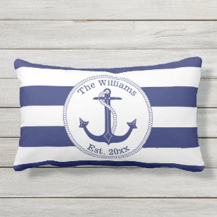 Nautical Anchor Navy Blue Stripes Family Monogram Lumbar Pillow