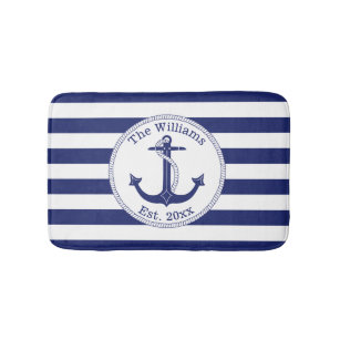 Nautical Anchor Navy Blue Stripes Family Name Bath Mat