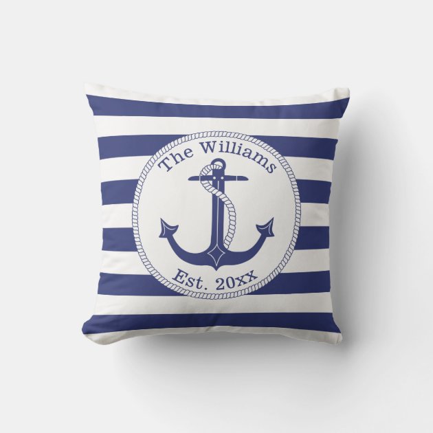 Nautical Anchor Navy Blue Stripes Family Name Outdoor Pillow | Zazzle