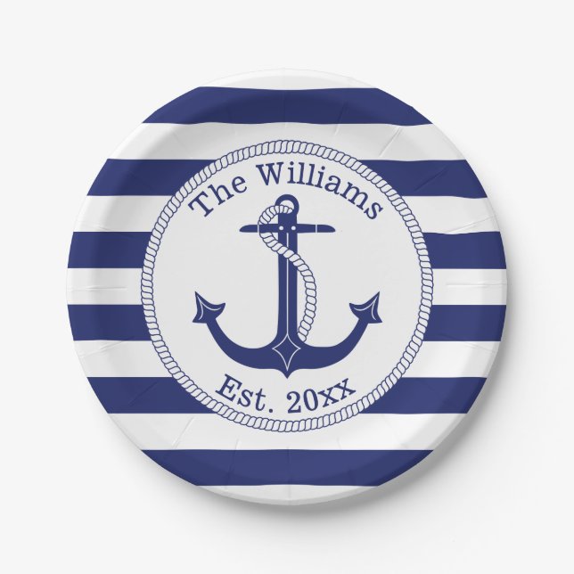 Nautical Anchor Navy Blue Stripes Family Name Paper Plate (Front)