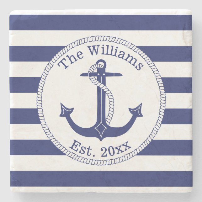 Nautical Anchor Navy Blue Stripes Family Name Stone Coaster (Front)