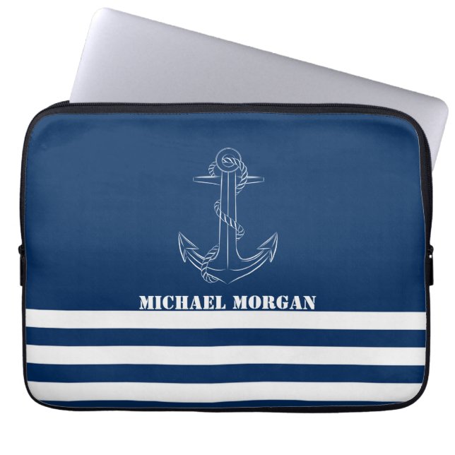 Nautical Anchor, Navy Blue Stripes Sailor  Laptop Sleeve (Front)