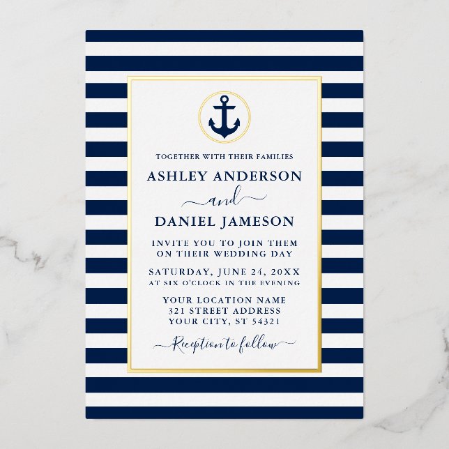 Nautical Anchor Navy Blue Stripes Wedding Gold (Front)