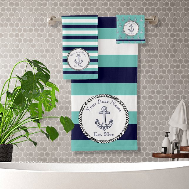 Nautical Anchor Navy Blue Teal White  stripes Bath Towel Set (Creator Uploaded)