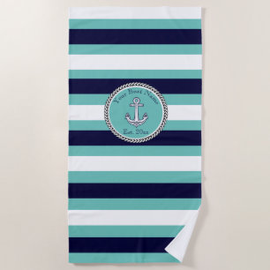 Nautical Anchor Navy Blue Teal White stripes Beach Towel