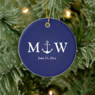 Nautical anchor navy blue white couple monogram ceramic ornament