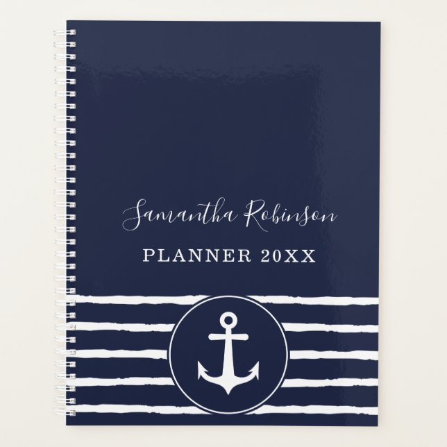 Nautical Anchor Navy Blue White Custom 2024 Planner (Front)