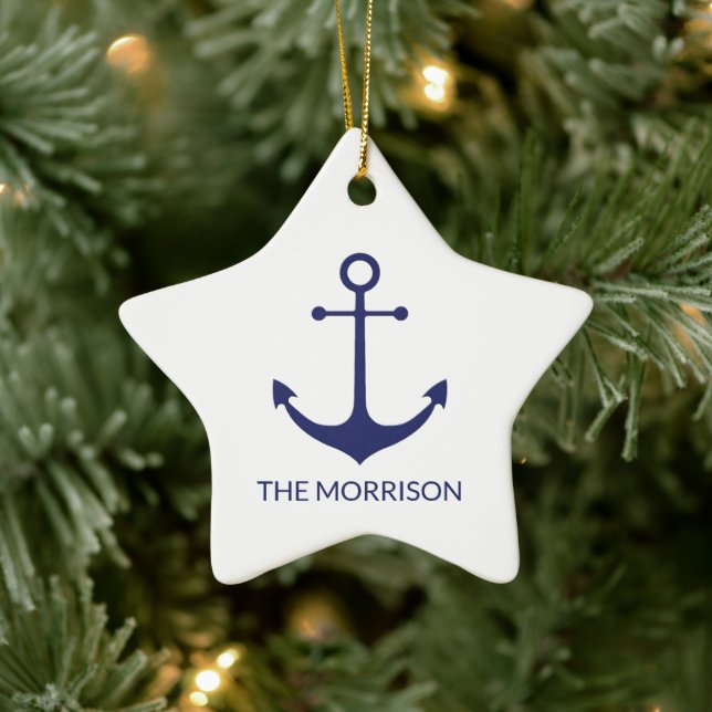 Nautical anchor navy blue & white custom boat name ceramic ornament (Tree)