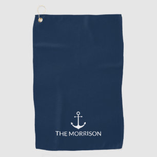 Nautical anchor navy blue white Custom Boat Name Golf Towel