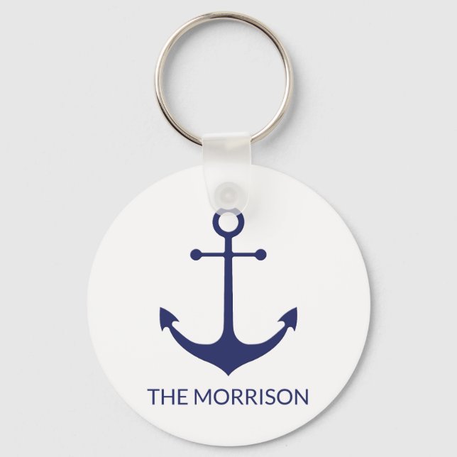 Nautical anchor navy blue white Custom Boat name Keychain (Front)
