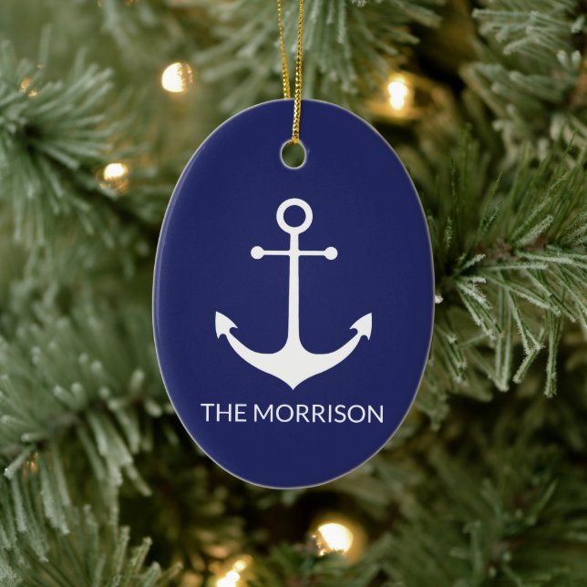 Nautical anchor navy blue white custom family name ceramic ornament (Tree)