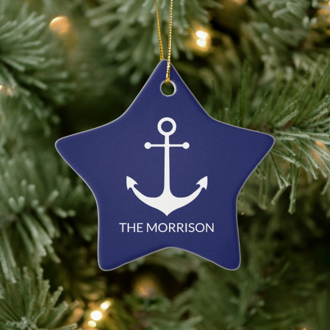 Nautical anchor navy blue white custom family name ceramic ornament (Tree)