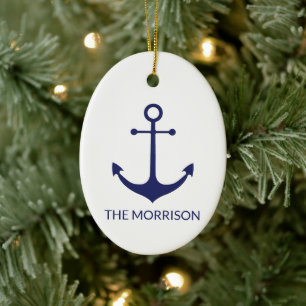 Nautical anchor navy blue white custom family name ceramic ornament