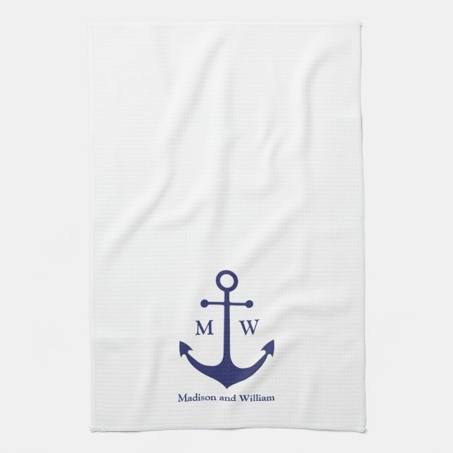 Nautical anchor navy blue white custom monogram kitchen towel (Vertical)