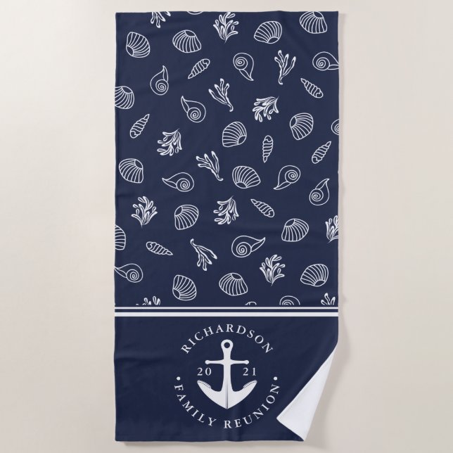 Nautical Anchor Navy Blue White Family Reunion Beach Towel (Front)