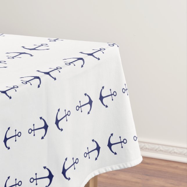Nautical anchor navy blue & white modern pattern tablecloth (In Situ)