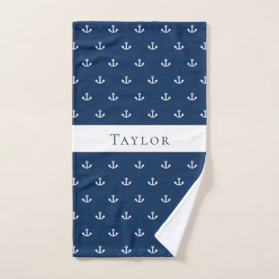 Nautical anchor navy blue white monogram hand towel