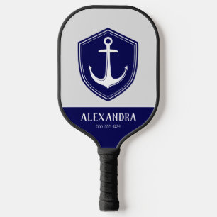 Nautical Anchor Navy Blue White Monogram Name Pickleball Paddle