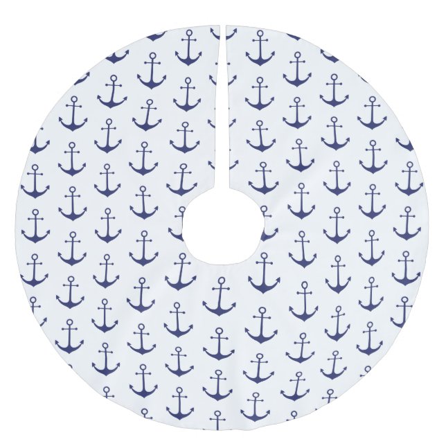 Nautical anchor navy blue white pattern Christmas Brushed Polyester Tree Skirt (Front)