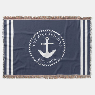 Nautical Anchor Navy Blue & White Personalized Throw Blanket