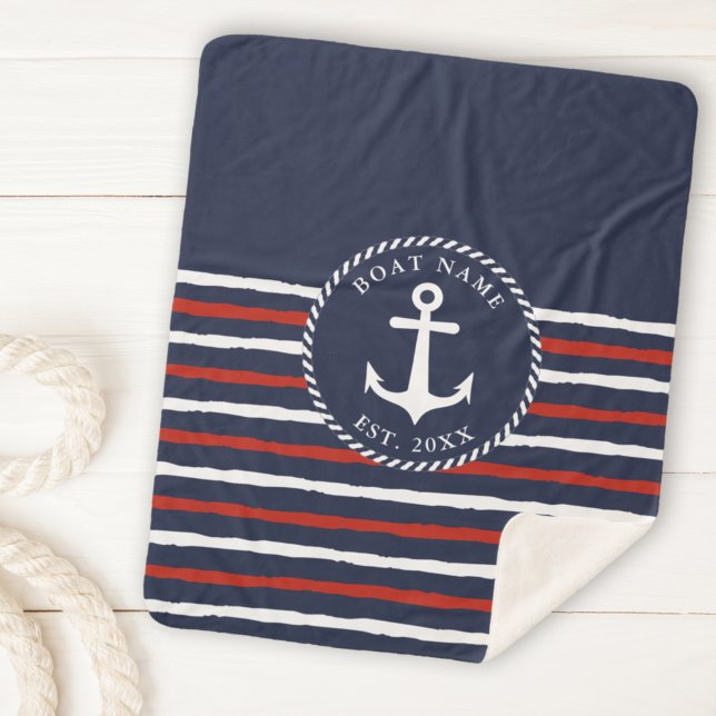 Nautical Anchor Navy Blue White Red Boat Name Sherpa Blanket (Creator Uploaded)