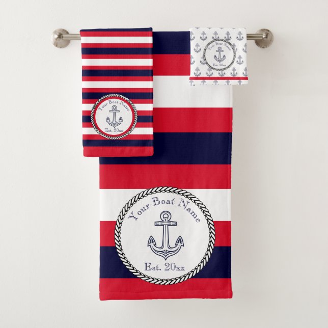 Nautical Anchor Navy Blue White Red stripes  Bath Towel Set (Insitu)